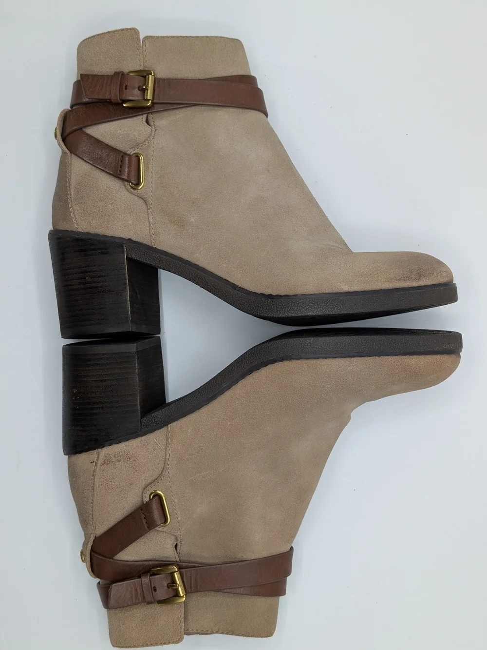 Michael Kors Women 8 Taupe Suede Ankle Boots Brown Leather Straps Block Heel